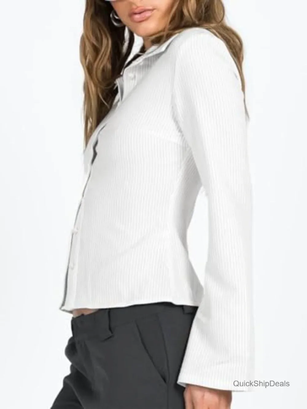 Striped Long Sleeve Button Down Shirt Slim Fit V-Neck Blouse - Picture 2 of 7